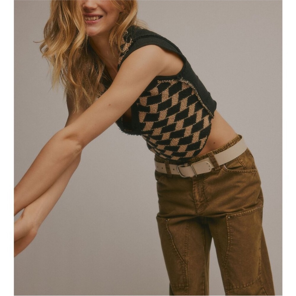 NWT Free People Lola Top / Black + Tan Combo - Picture 7 of 8